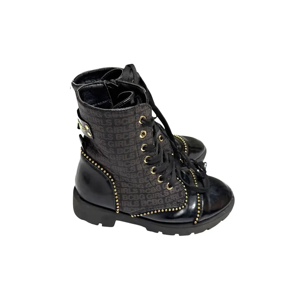 BCBG Girls Combat Boots Faux Leather Logo Stud Lace Up Lug Sole Big Girl 1